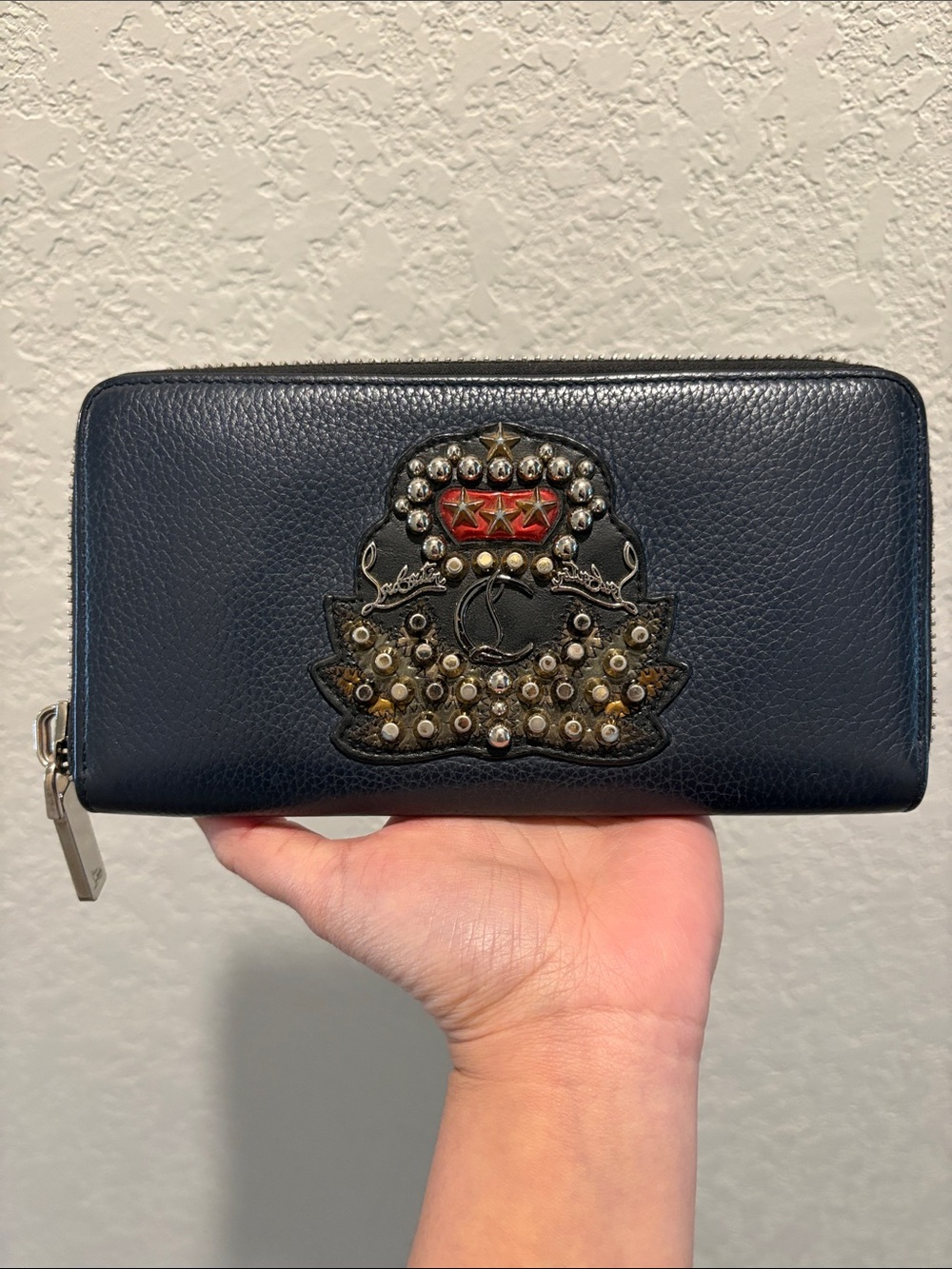 Christian Louboutin Studded Navy Zip Leather Wallet